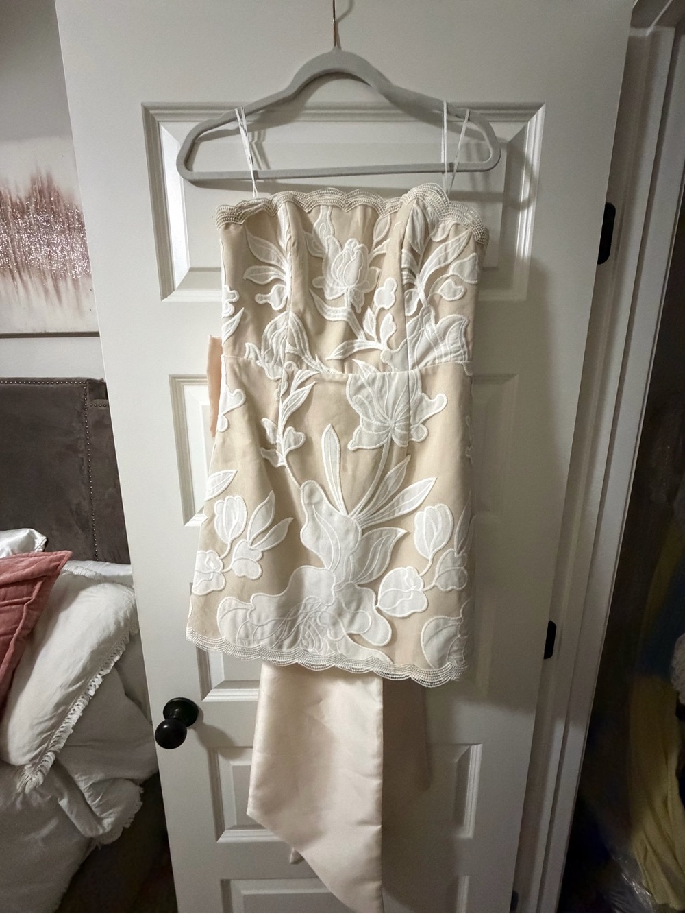 Elliatt Beige Strapless Midi Dress with White Floral Appliqué